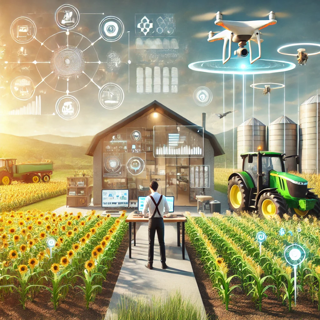 DALL·E 2024-11-20 14.05.35 - An image depicting an agricultural setting with a focus on Artificial Intelligence and technology. The scene shows a modern farm with a young intern w